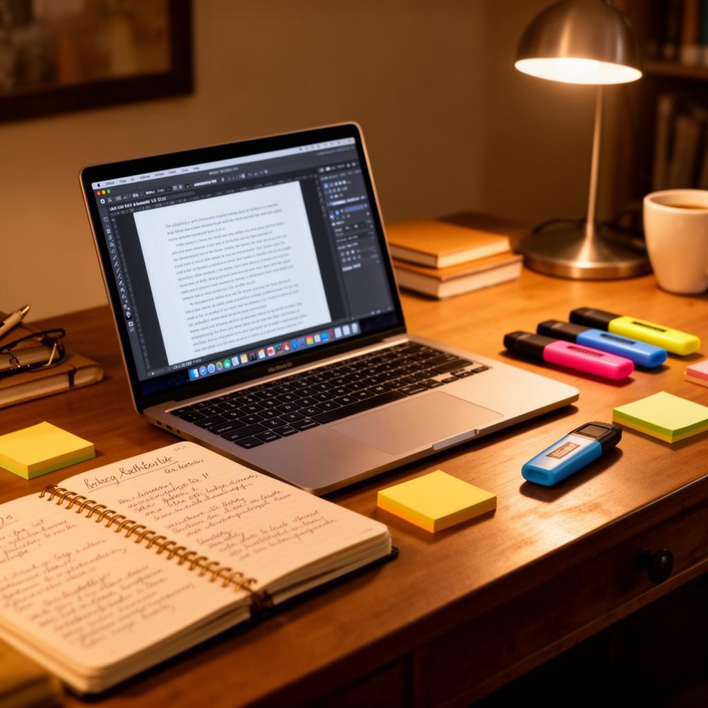 Laptop and notebook on a desk with highlighters - Professional editing and text improvement services for academic and business documents