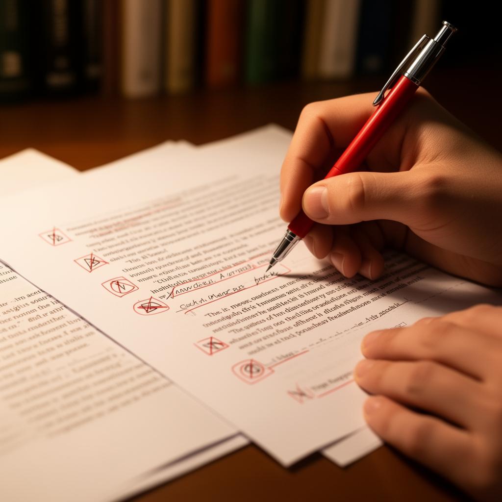 Professional editor hands proofreading an academic paper with a red pen - Synchronizeyourlife